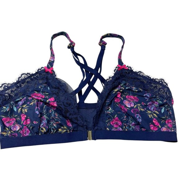 Cacique Bralette 46C Navy Blue Floral Wireless Front Close - Picture 1 of 6